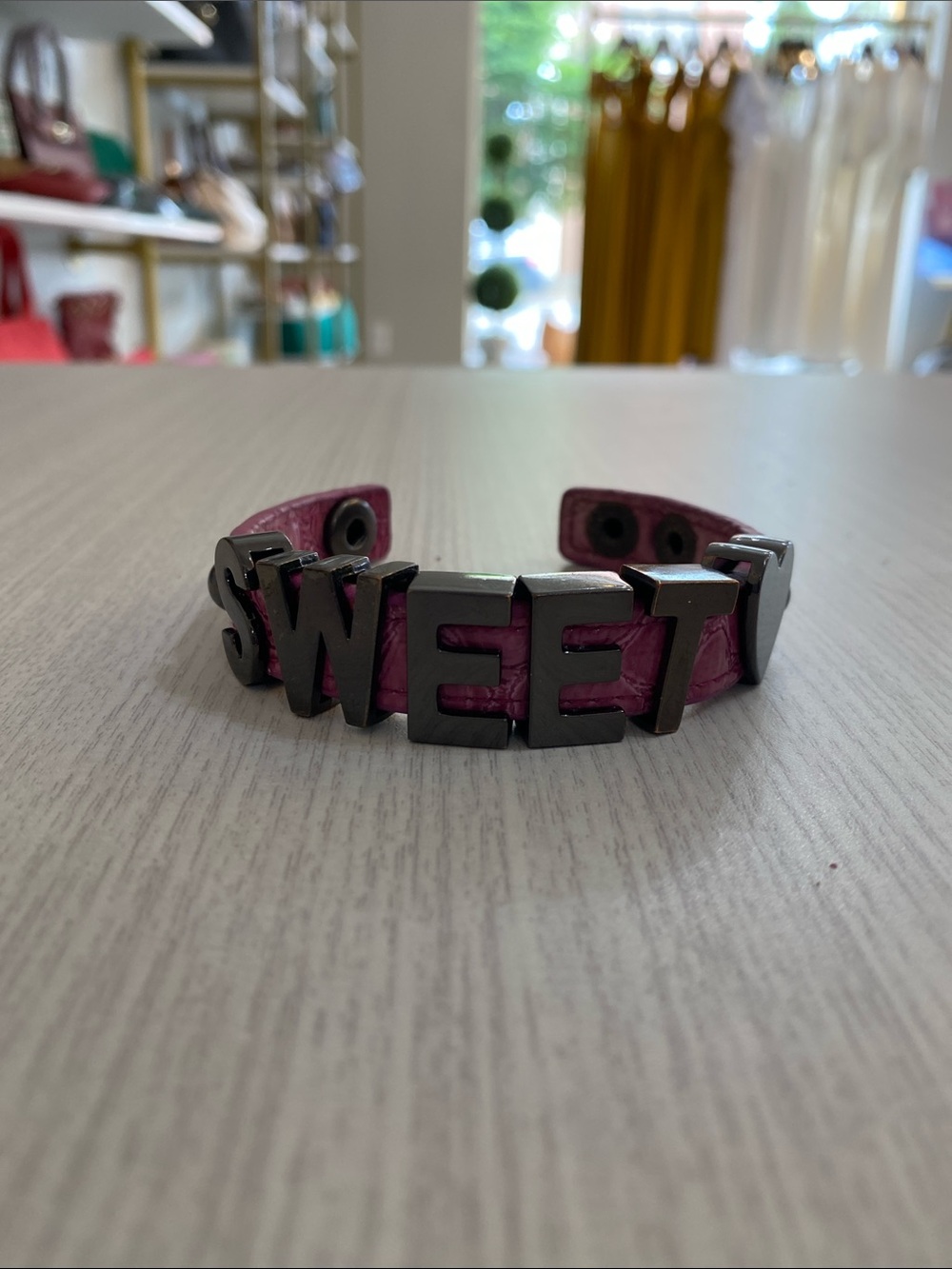 Sweet Letter Pink Leather Bracelet with Gunmetal Accents